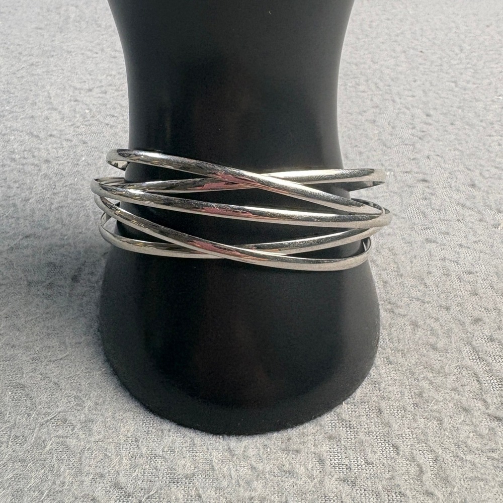 Silver Tone Multi Strand Crossover Cuff Bracelet Minimalist Layered Bangle